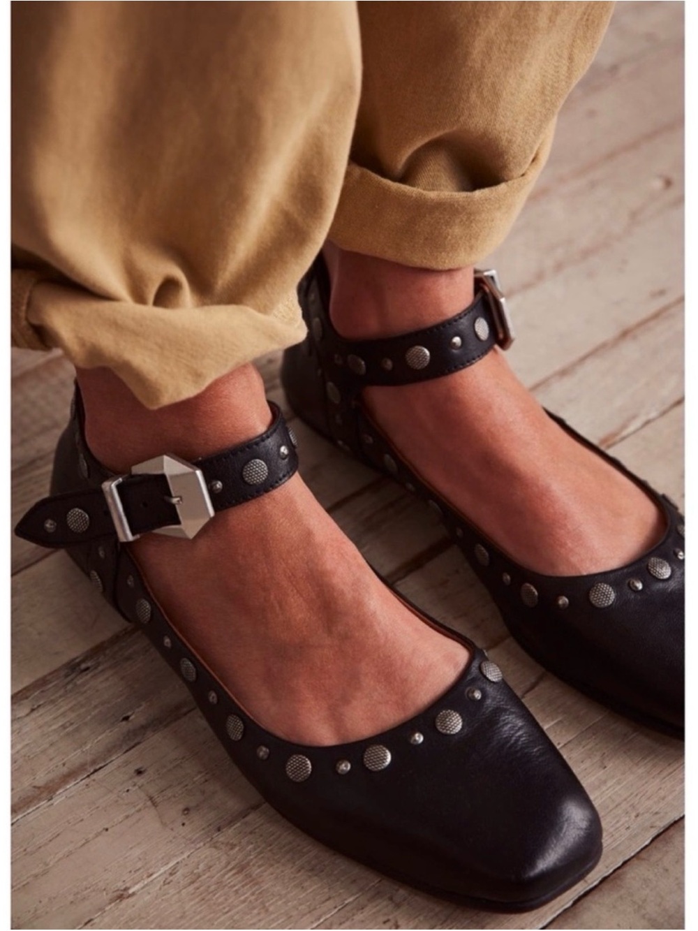 Free People Black Mystic Mary Jane Studded Ankle-Strap Flats - Picture 2 of 4